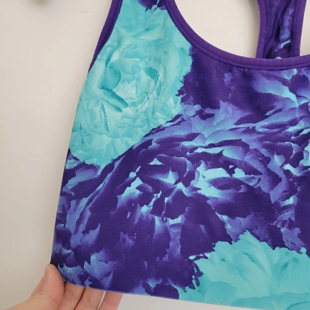 Champion Blue Purple Floral Watercolor Print Racerback Sports Bra Size Large